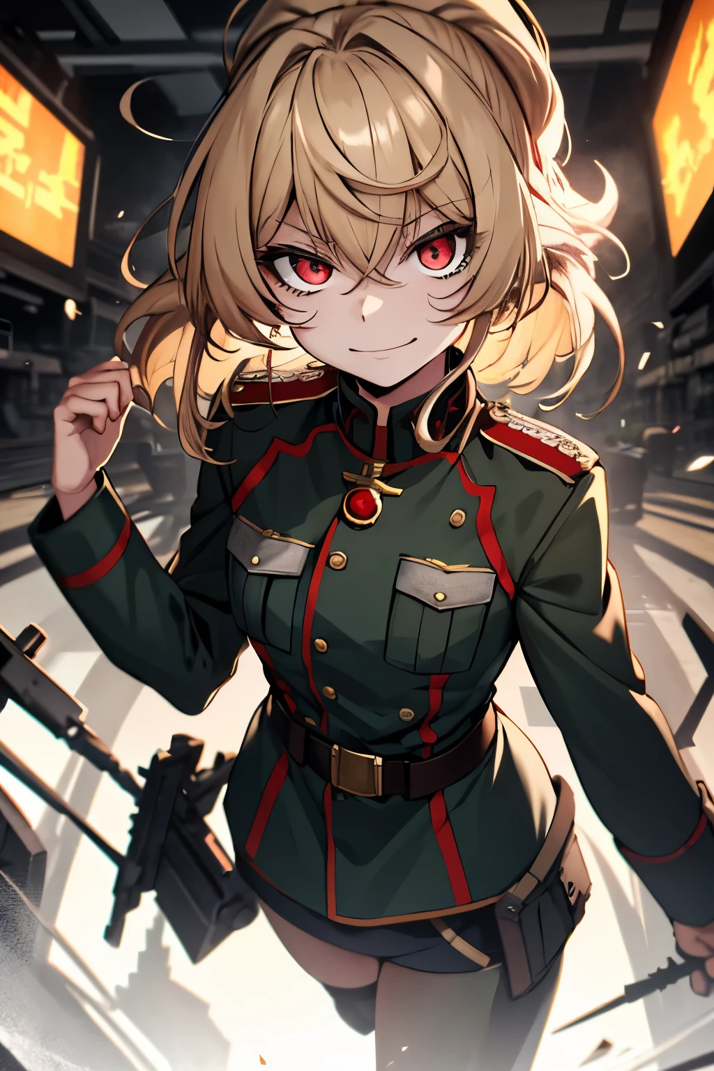 (masterpiece, best quality: 1.1), 1girl solo, tanya, 1girl, solo, , flat chest, small breasts, curvy, military, military uniform, ,, evil smile, wicked expression, anger, red eyes, neutral lighting