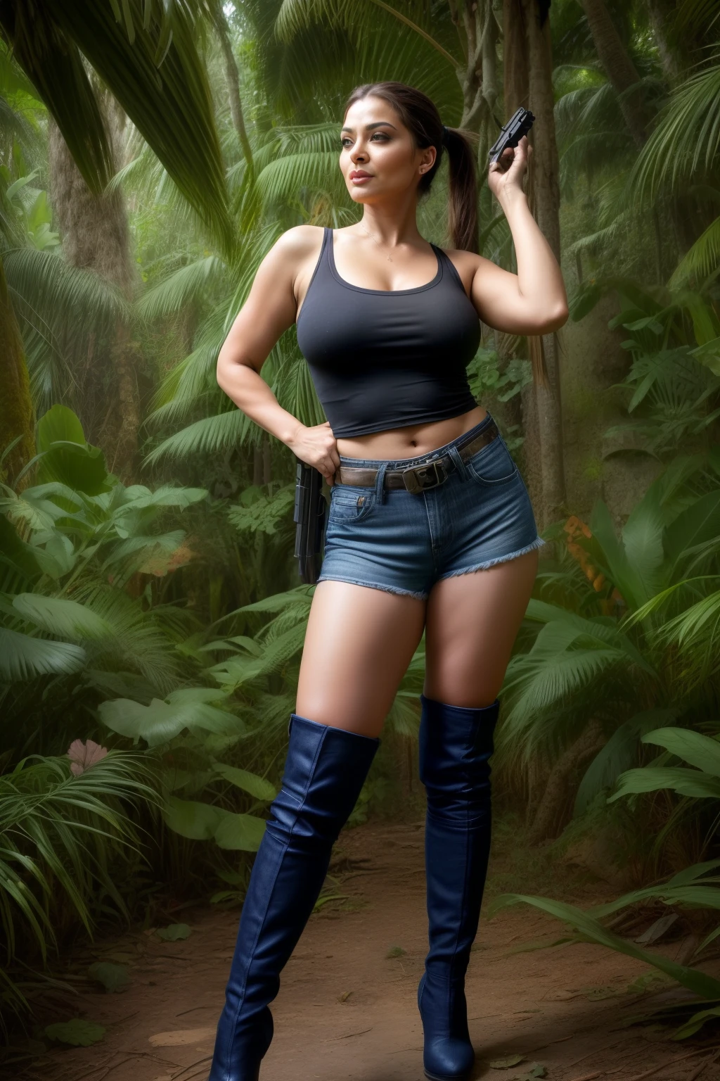 Araffe woman in high - waisted shorts and thigh high boots posing in a  jungle - SeaArt AI