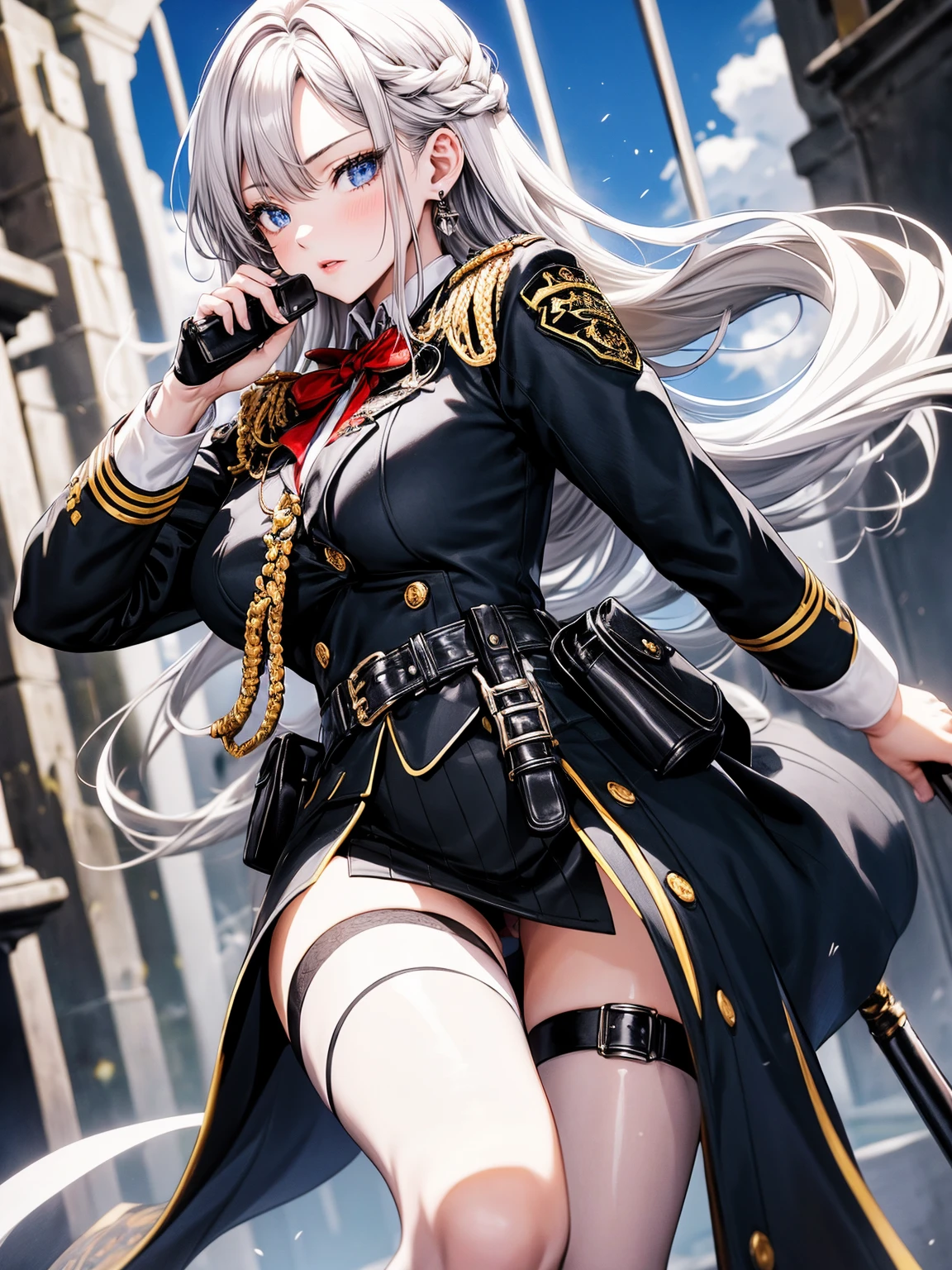 One girl, beautiful, sexy, anime girl, pale skin, cold blue eyes, pale blonde hair, large breast, hour glass figure, plump bottom, white military uniform, tattered military overcoat on shoulders, black miniskirt, white garters and thigh high socks, red high heels, rapier at hip, Dutch angle, castle courtyard, solo woman, 