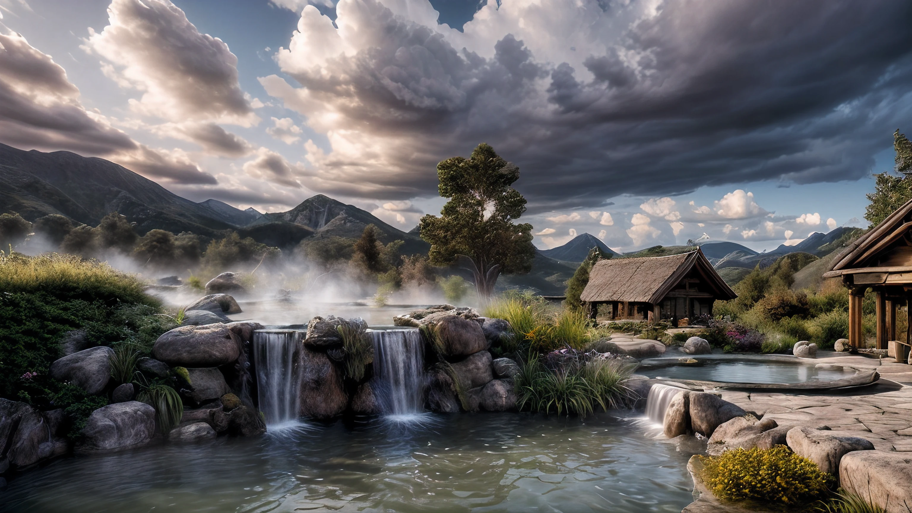 beispielloses Meisterwerk, (fotorealistisch:1.4), beste Qualität, schöne Beleuchtung, (Heiße Quelle), (extrem detailliertes CG Unity 8k-Hintergrundbild), Landschaftsfoto in voller Größe des schönsten Kunstwerks der Welt, bewölkter Himmel Hintergrund üppige Landschaft Haus und Bäume Illustration Konzeptkunst