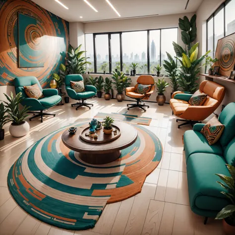tribal style，Utopian，Ahfu future，Postmodern，Lounge style office photos，In the room，comfortable environment，Modern furniture，Styl...