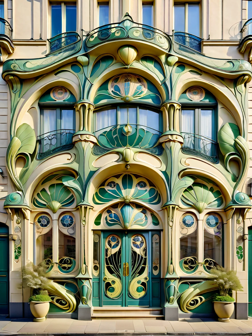 Cree una imagen que muestre el exterior de un edificio adornado en estilo Art Nouveau.. El edificio debe exhibir rasgos característicos del Art Nouveau., incluyendo el flujo, lineas organicas, motivos florales y vegetales, y elegante, formas curvas. La fachada debe estar adornada., con detalles intrincados y una combinación armoniosa de elementos arquitectónicos y arte decorativo. El edificio podría tener grandes, ventanas y puertas estilizadas, junto con paneles decorativos y esculturas que encarnan la naturaleza, esencia orgánica del Art Nouveau. La imagen general debe capturar la belleza artística y estética de este estilo arquitectónico..