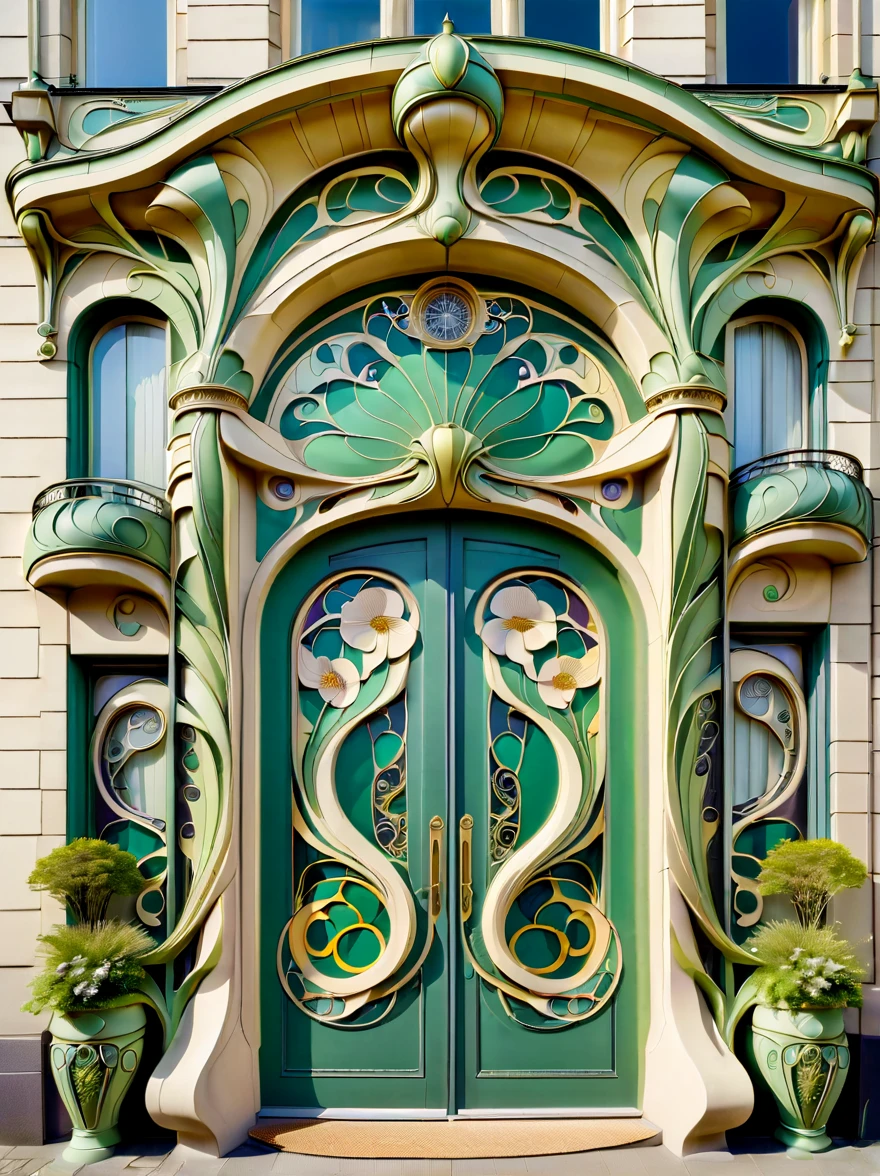 Create an image showcasing the exterior of a building adorned in Art Nouveau style. The building should exhibit characteristic features of Art Nouveau, including flowing, organic lines, floral and plant-like motifs, and elegant, curving forms. The facade should be ornate, with intricate details and a harmonious blend of architectural elements and decorative art. The building could have large, stylized windows and doors, along with decorative panels and sculptures that embody the natural, organic essence of Art Nouveau. The overall image should capture the artistic and aesthetic beauty of this architectural style.