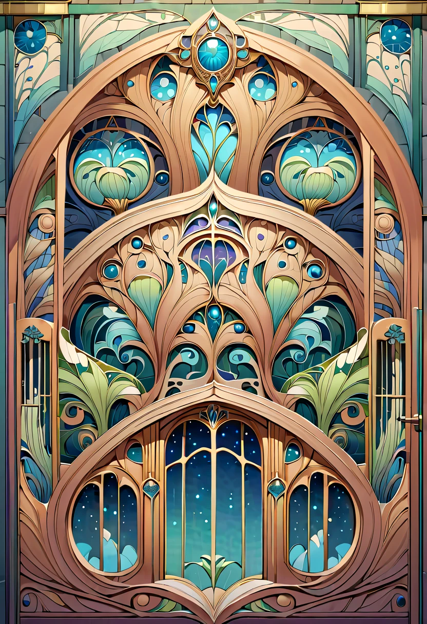 Create an image showcasing the exterior of a building adorned in Art Nouveau style. The building should exhibit characteristic features of Art Nouveau, including flowing, organic lines, floral and plant-like motifs, and elegant, curving forms. The facade should be ornate, with intricate details and a harmonious blend of architectural elements and decorative art. The building could have large, stylized windows and doors, along with decorative panels and sculptures that embody the natural, organic essence of Art Nouveau. The overall image should capture the artistic and aesthetic beauty of this architectural style.