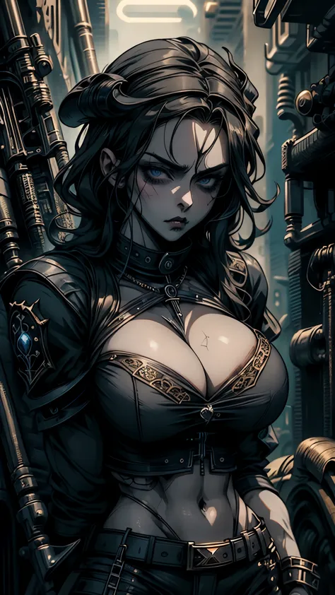 (masterpiece), best quality, expressive blue eyes, perfect face, detailed eyes, dark fantasy,  ((gangster , gang leader, cowgirl)), cleavage, black and gold  outfit, massive snoopy breast,  