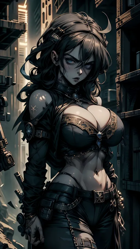 (masterpiece), best quality, expressive blue eyes, perfect face, detailed eyes, dark fantasy,  ((gangster , gang leader, cowgirl)), cleavage, black and gold  outfit, massive snoopy breast,  