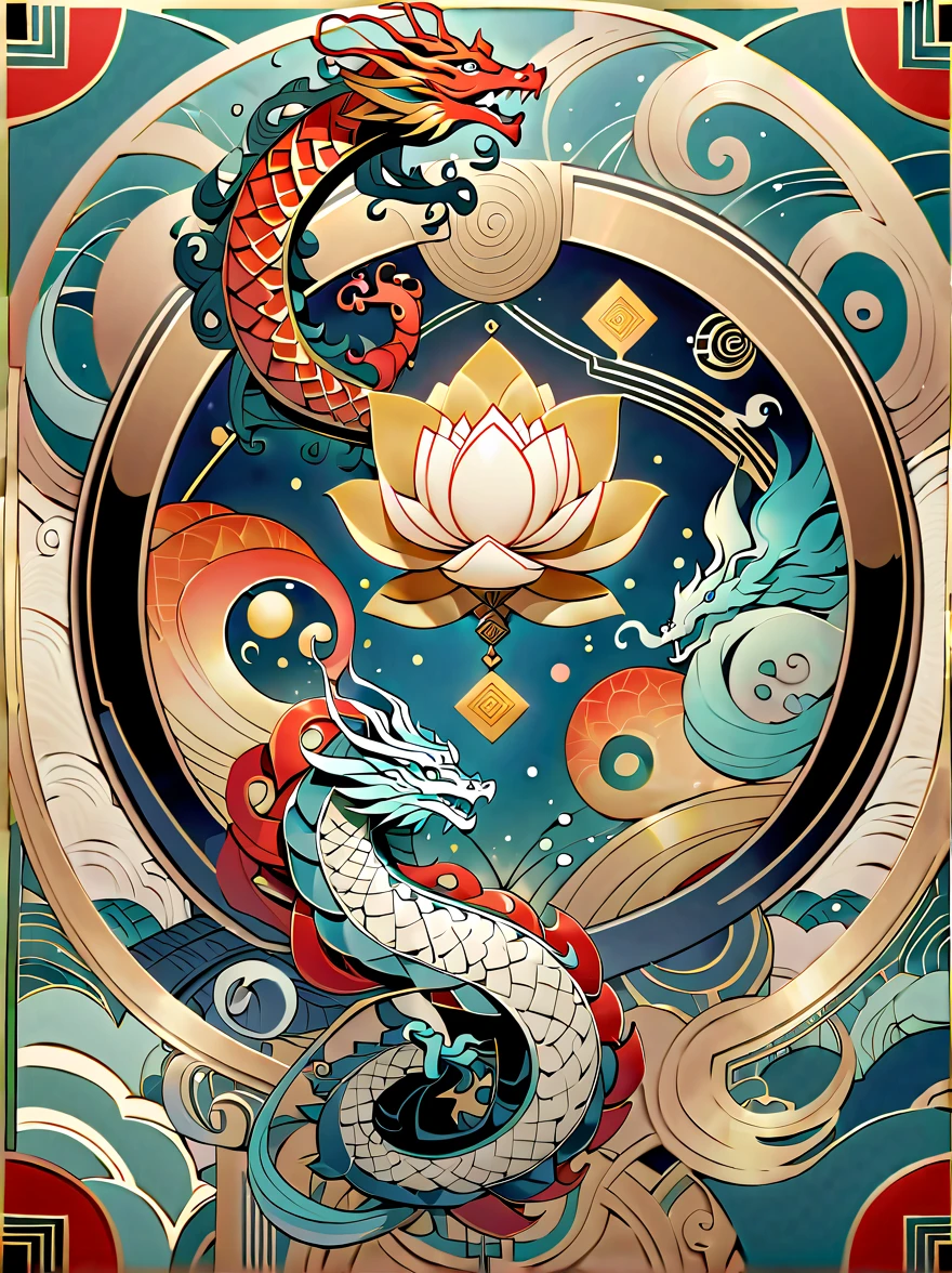 Create an image that blends Chinese artistic elements with the Art Deco style The image should feature a composition that marries traditional Chinese motifs such as dragons, lotus flowers, or calligraphy with the geometric shapes, strong lines, and symmetry characteristic of Art Deco. The color palette should incorporate traditional Chinese colors like red, gold, and black, alongside the bold, contrasting colors typical of Art Deco. The focus could be on an interior space, a piece of furniture, or a decorative object, seamlessly combining the elegance and modernity of Art Deco with the cultural richness of Chinese art. The overall composition should be visually striking, showcasing a unique fusion of these two distinctive artistic styles.