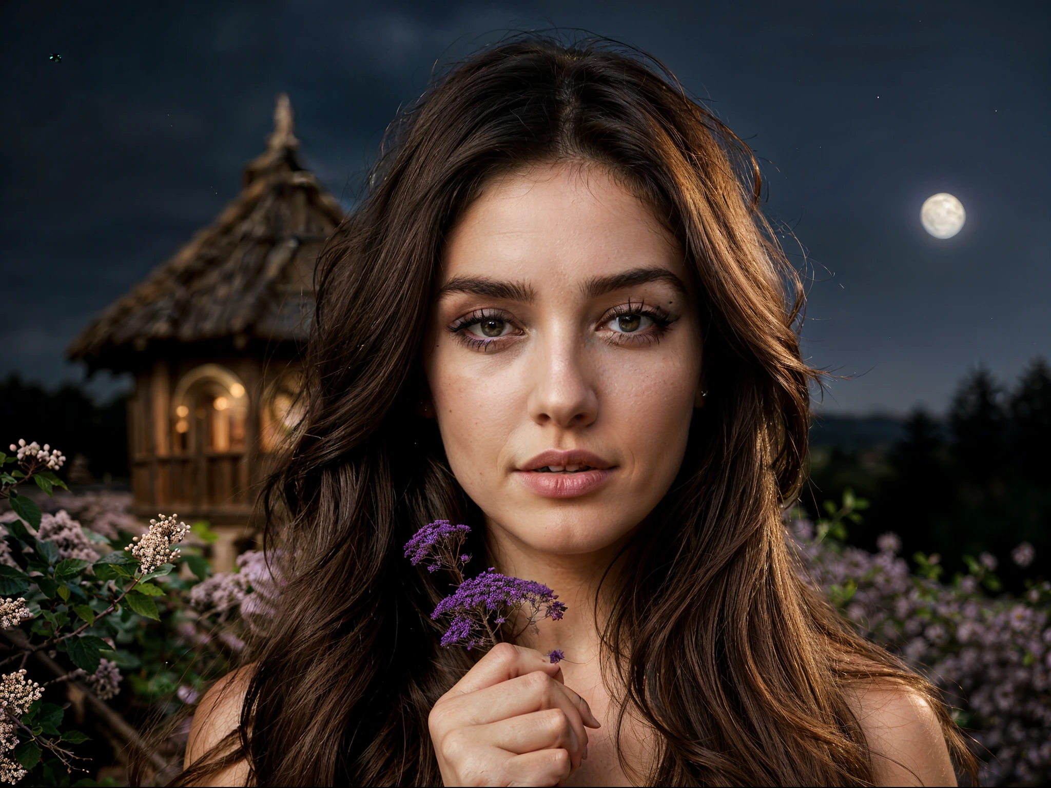 photo of beautiful 26 y.o woman, smokey eye makeup, 4k uhd, high quality, dramatic, cinematic, (long flowy (umber hair:1.2)), violet flowers, swarm, the bird seed in her hands, growing into birds, giants shelter her body, intricate ornate lean-to, the night sky, deep dark shadows, hide new seasons, the woman is aware and watching us