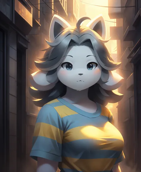 (temmie:1.2), anthro, gynomorph, (cat ears, temmie ears:1.1), (blue and yellow (striped shirt:1.3)), (face focus:1.2, upper body...