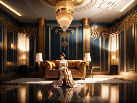 A 10yo girl sitting in an art deco room, (best quality, highres, ultra-detailed), (realistic),