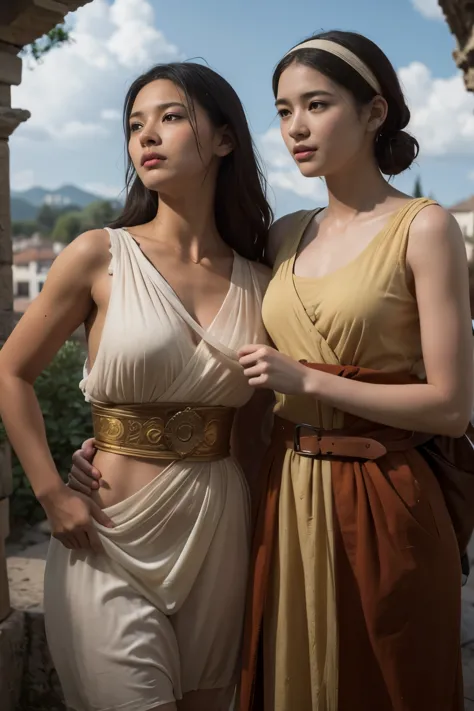 ancient roman ruins,landscape in the style of poussin,two women frolicking,all faces and pictures must be different, pov, by lee...