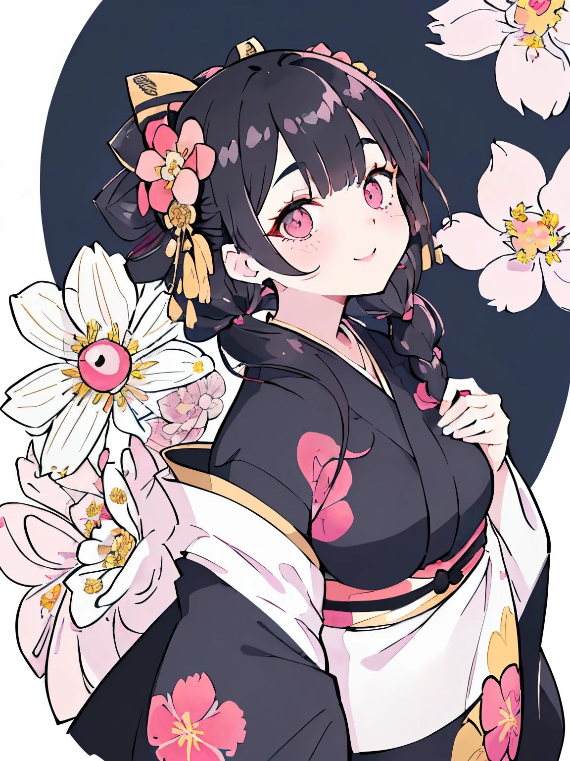 (black hair:1.2),(long hair with curls:1.3),(hair tied up loosely:1.25),(All together:1.3),(black eye:1.4),(Eye size:1.5),(JapaneseAccessories:1.3),((Kimono fashion:1.4)),(Background full of blooming flowers:1.5),(blush),(upward glance:1.3),(small breasts:1.4),(focus on face:1.3),((look up:1.25)),(fashion color White、Blue、pink 、gold、red:1.3),(smile:1.2),(whole body:1.6)