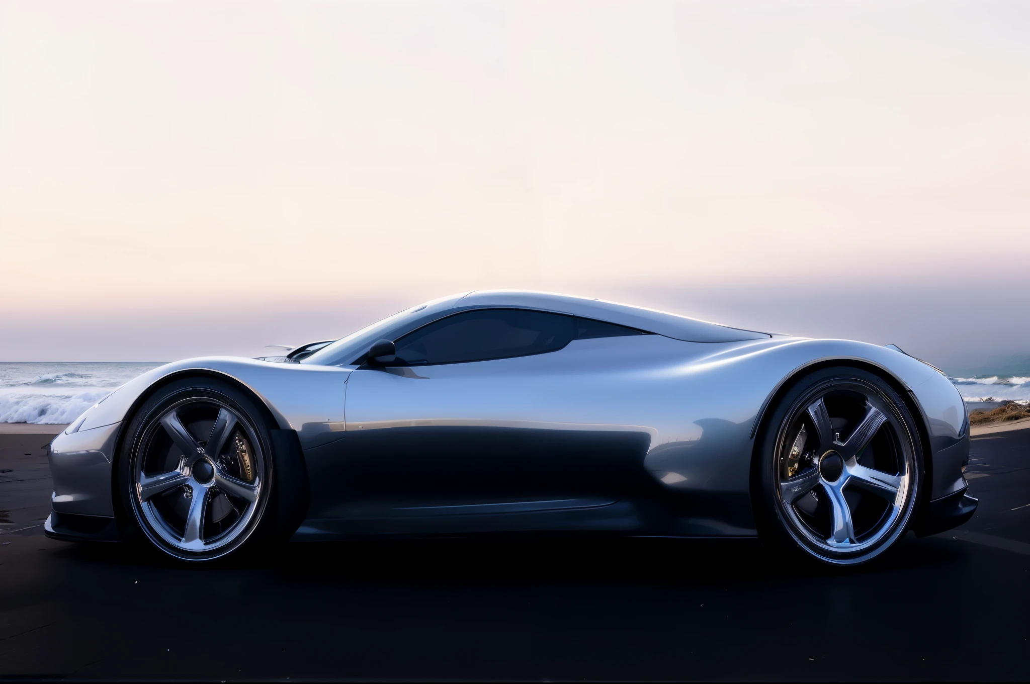 a close up of a silver sports car on a road near the ocean, side perspective, futuristic product car shot, profile perspective, render of futuristic supercar, concept car, sleek interceptor profile, profile view perspective, cgi render, cgi rendering, hyper real render, high resolution render, super rendered in octane render, digitally painted, hyperrealistic render