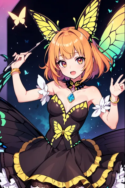 1girl, (butterfly ears:1.1), (apricot hair), (neat hair), (medium hair), (hime bangs), (olive eyes), (dynamic pose), (colorful idol costume), (frilly skirt), (black lace pantyhose), (butterfly wings:1.3), (dynamic angle), more_details:-1, more_details:0, m...