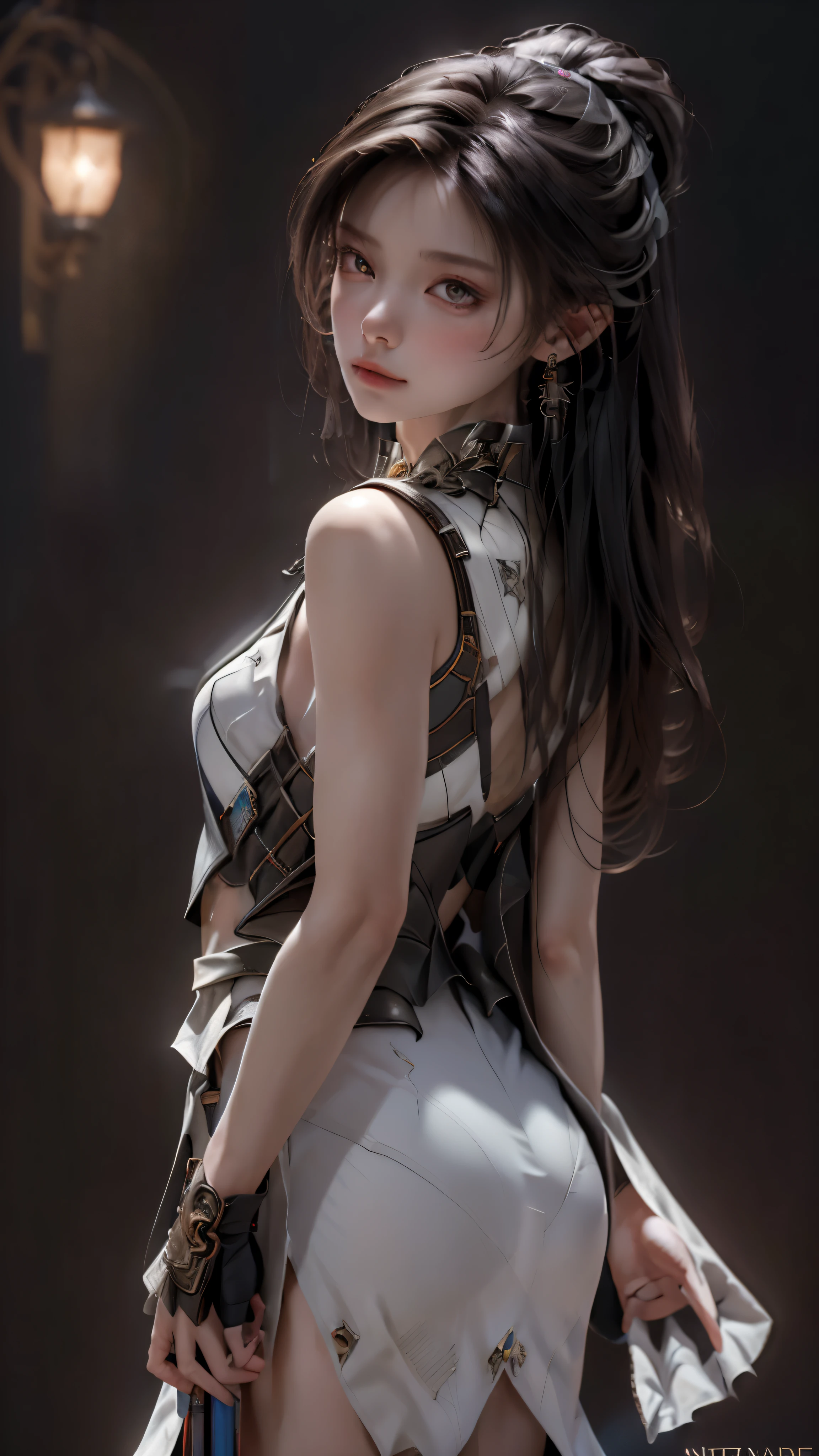 ((highest quality)), ((masterpiece)), (be familiar with:1.4), 。.。.。.3D, beautiful cyberpunk woman image,nffsw(high dynamic range),ray tracing,NVIDIA RTX,super resolution,unreal 5,scattered below the surface,PBR texturing,Post-processing,anisotropic filtering,written boundary depth,maximum clarity and sharpness,multilayer texture,Albedo and specular maps,surface shading,Accurate simulation of light-matter interactions,perfect proportions,octane rendering,two-tone lighting,wide aperture,Low ISO、White balance、Rule of thirds、8,000 students、((Holding a sword in your hand))(((look back)))