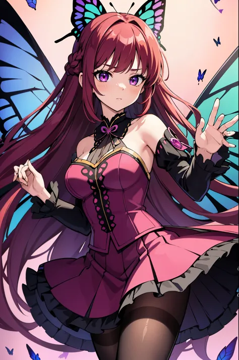1girl, (butterfly ears:1.1), (wine red hair), (braided hair), (low braid hairstyle), (absurdly long hair), (hime bangs), (wine purple eyes), (dynamic pose), (colorful idol costume), (frilly skirt), (black lace pantyhose), (butterfly wings:1.3), (dynamic an...