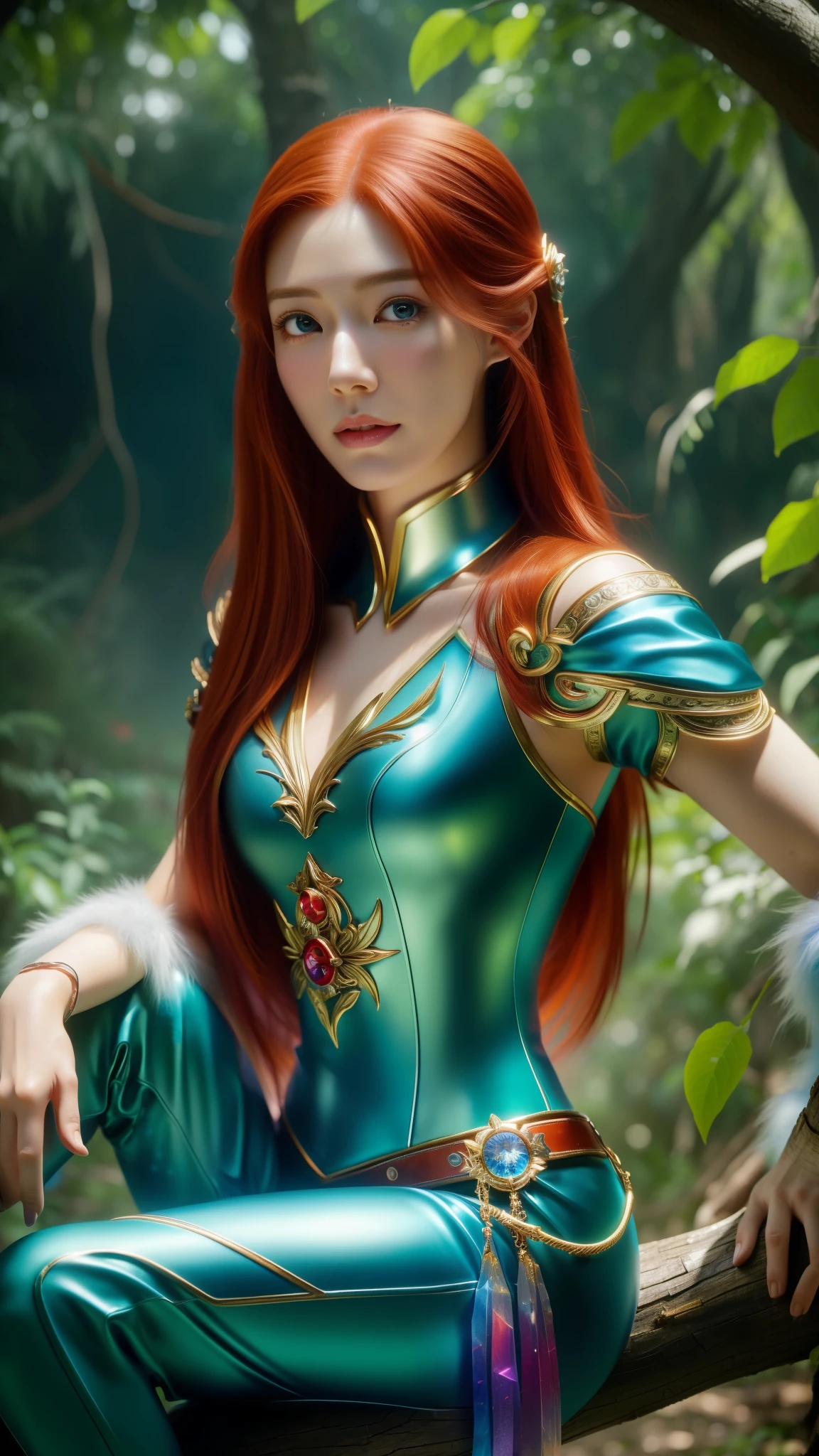 a close up of a girl red hair long sitting on a tree trunk , extremely detailed artgerm, ig model | artgerm, style artgerm, crystal maiden, artgerm detailed, artgerm lau, splash art, style of artgerm, ! dream artgerm, as seen on artgerm, artgerm style