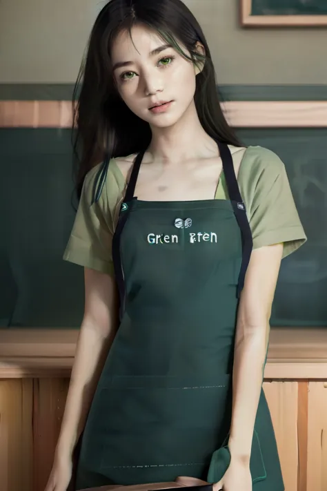 highest quality, realistic, 8K, High resolution, full color, 1 girl, woman, 20 years old woman, (skin dents), (portrait:0.6), wood, Inside the cafe, dawn, full color, ((Green apron:1.68)), look straight at the viewer:1.8, (1 girl eyes looking at viewer:1.5...