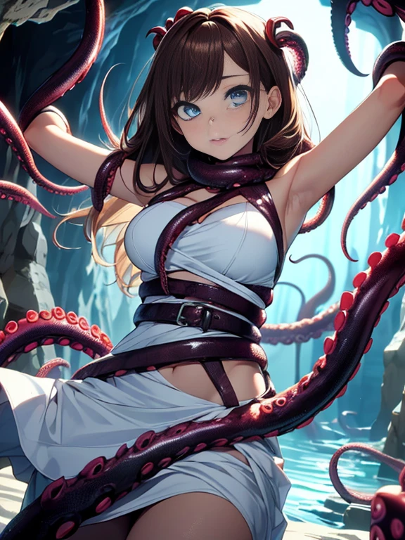 ((masterpiece)), ((best quality)), (ultra-detailed),(in the cave),(monster),(((many tentacles wrap arotnd the body))),a cute girl, 1girl, solo, (white girly dress),((many tentacles bound arms)), ((thin waist)),large breast, slim, slender,beautiful brown hair, beautiful blue eyes, (beautiful eyes), long hair,troubled expressio