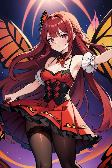 1girl, (red butterfly ears:1.1), (wine red hair), (braided hair), (low braid hairstyle), (absurdly long hair), (wavy bangs), (ringlets), (wine purple eyes), (dynamic pose), (colorful idol costume), (frilly skirt), (black lace pantyhose), (red butterfly win...