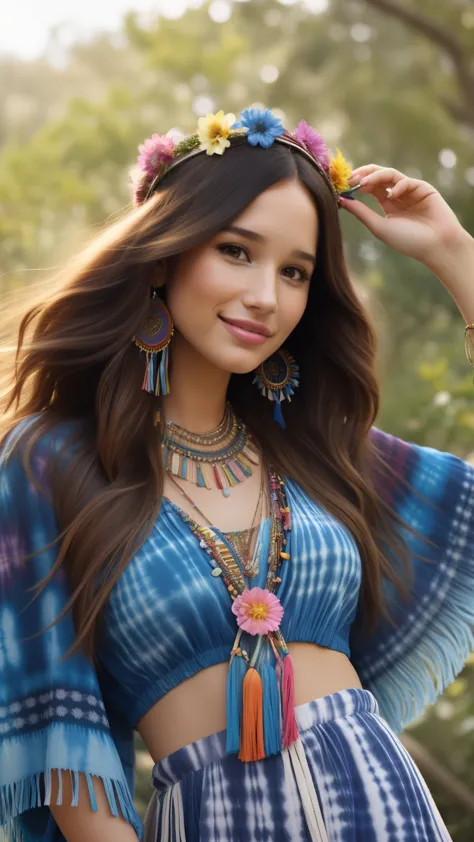Foto hiperrealista en primer plano de Kelsey Asbille, dressed in a tie-dye maxi dress or a peasant blue blouse paired with skirt and fringe accessories. She wears a headband or flower crown in her long, flowing hair. The setting is a bohemian-inspired outd...