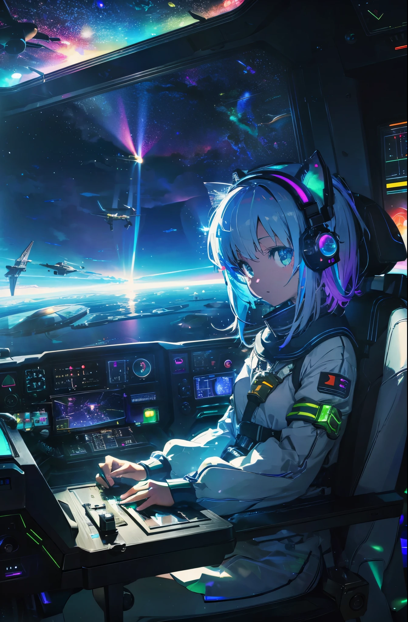 RGB multicolor luminous connected device fixed seated woman operating (familiar face), cat ears, side table, spacecraft, airspeed indicator, altimeter, horizon, heading, direction indicator, altimeter , toggle switches, aircraft control levers, multicolor function displays, seat belts, front protective glass, side protective glass, outer space. (Enlarged photo of spaceship cockpit: 1.5x) smile, A fantasy world, the magnificent and charming Celestia, and a cute world.