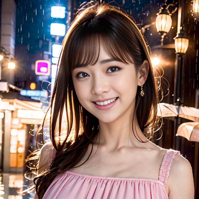 (((Only one woman)))、best image quality, high quality, 8K, (realistic pictures:1.4),((Brand Shop)))、((Shopping)) 、(pink dress), (((rainy day))), beautiful expression, Eye and face details, japanese woman、20 year old female、white skin、realistic eyes、F cup big、beautiful and detailed eyes、gentle smile、medium long hair、gentle smile, (beautiful lighting:1.3), Super detailed, high detail, high quality, High resolution、