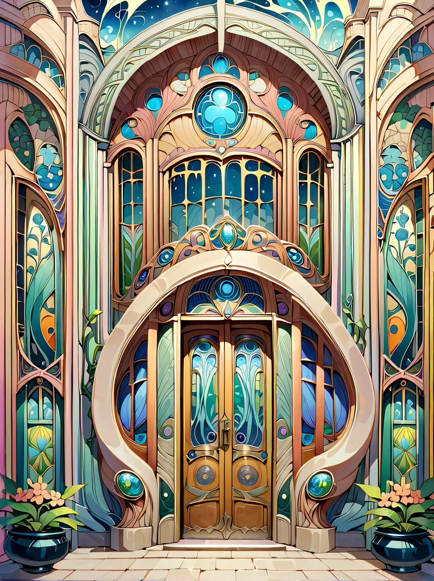 Crie uma imagem mostrando o exterior de um edifício adornado em estilo Art Nouveau. O edifício deverá apresentar traços característicos do Art Nouveau, incluindo fluir, linhas orgânicas, motivos florais e vegetais, and elegant, formas curvas. A fachada deve ser ornamentada, com detalhes intrincados e uma mistura harmoniosa de elementos arquitetônicos e arte decorativa. O edifício poderia ter grandes, janelas e portas estilizadas, juntamente com painéis decorativos e esculturas que personificam a natureza, essência orgânica da Art Nouveau. A imagem geral deve capturar a beleza artística e estética deste estilo arquitetônico.