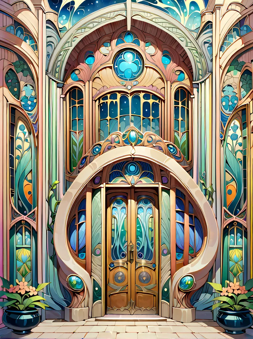 Create an image showcasing the exterior of a building adorned in Art Nouveau style. The building should exhibit characteristic f...