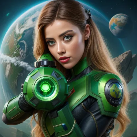 AMBER HEARD, 28 years, una mujer con un traje verde sosteniendo un arma frente a un planeta, sci-fi female, karol bak uhd, artge...