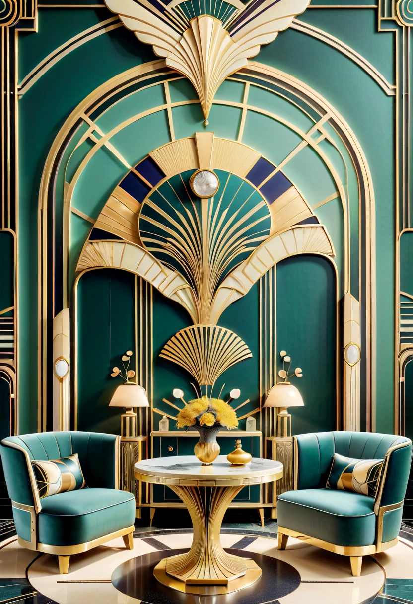 Crea una imagen que capture la esencia del estilo Art Deco。La composición de la imagen debe reflejar las características únicas del arte decorativo.，incluyendo formas geométricas、Líneas fuertes y sensación de elegancia y modernidad.。El punto focal puede ser un mueble.、un adorno o un elemento arquitectónico，Muestra de moda típica de la época.、diseño simétrico。atrevido、Debe ser evidente el uso de colores contrastantes y acentos metálicos.，Reflejando la sensación lujosa y sofisticada del Art Deco。La composición general debe tener un impacto visual.，Destacando la naturaleza única y elegante de este movimiento artístico.。