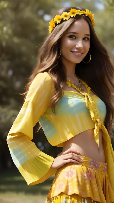 Foto hiperrealista en primer plano de Kelsey Asbille, dressed in a tie-dye  yellow yellow blouse paired with yellow skirt and fringe accessories. She wears a headband or flower crown in her long, flowing hair. The setting is a bohemian-inspired outdoor mus...