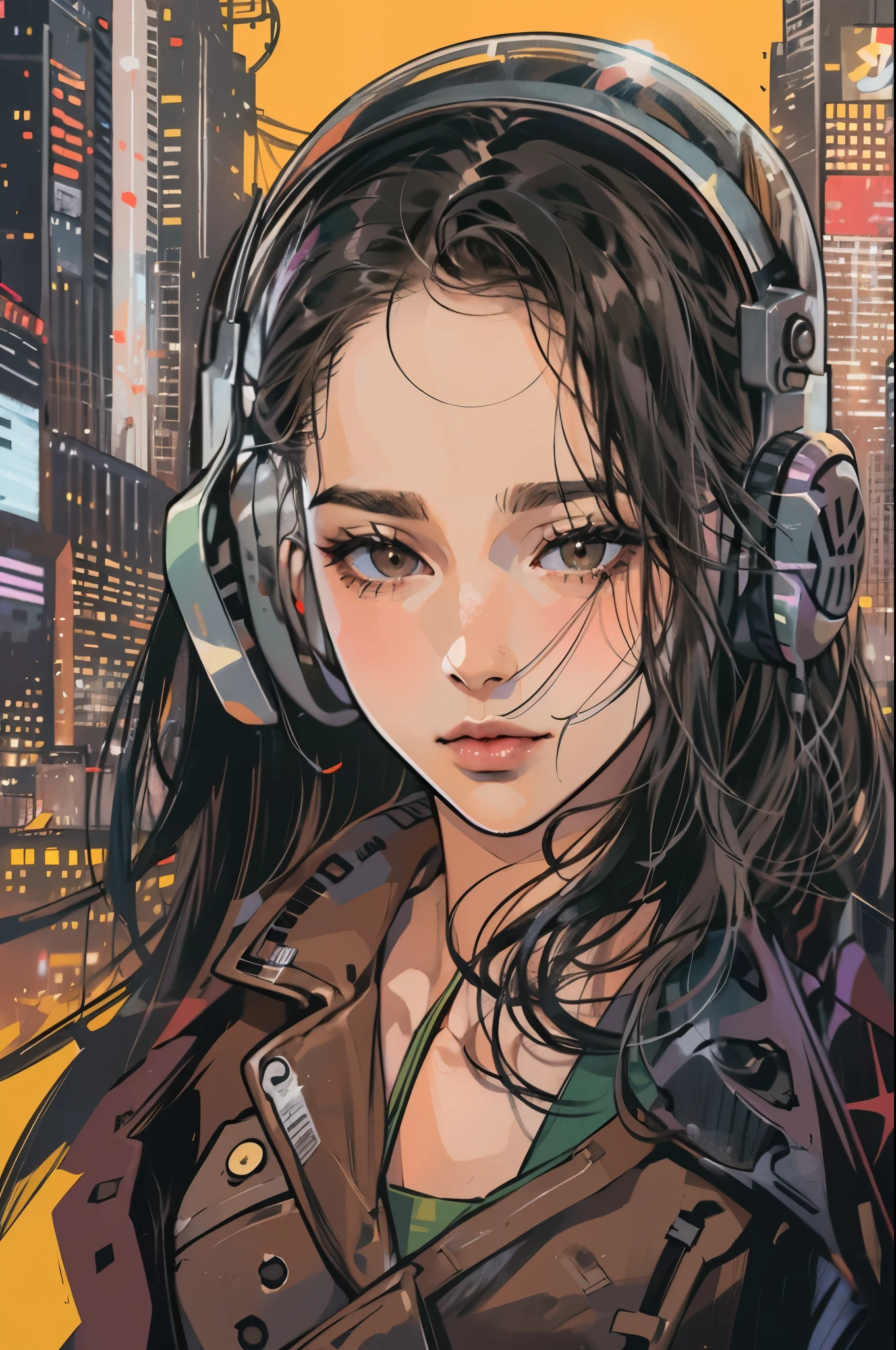 (absurdres, highres, ultra detailed, realistic, ), 1 18 year-old，girl, solo, elegance， long black hair, suits,brown eyes, (headphone)，cyberpunk city background, ultra - detailed, best quality, Detailed diagram, vectorized, 8K,  Graphic design, vector lines, Full-HD，upper body