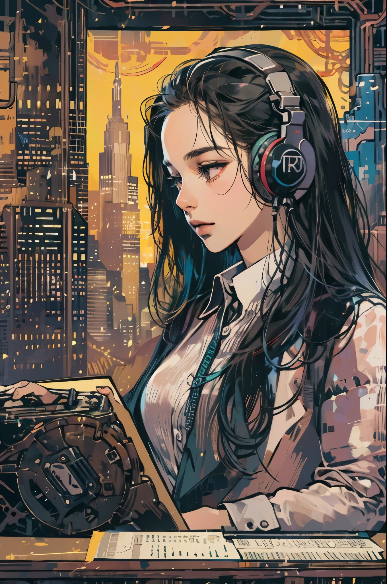 (absurdres, highres, ultra detailed, realistic, ), 1 18 year-old，girl, solo, elegance， long black hair, suits,brown eyes, (headphone)，cyberpunk city background, ultra - detailed, best quality, Detailed diagram, vectorized, 8K,  Graphic design, vector lines, Full-HD，full body