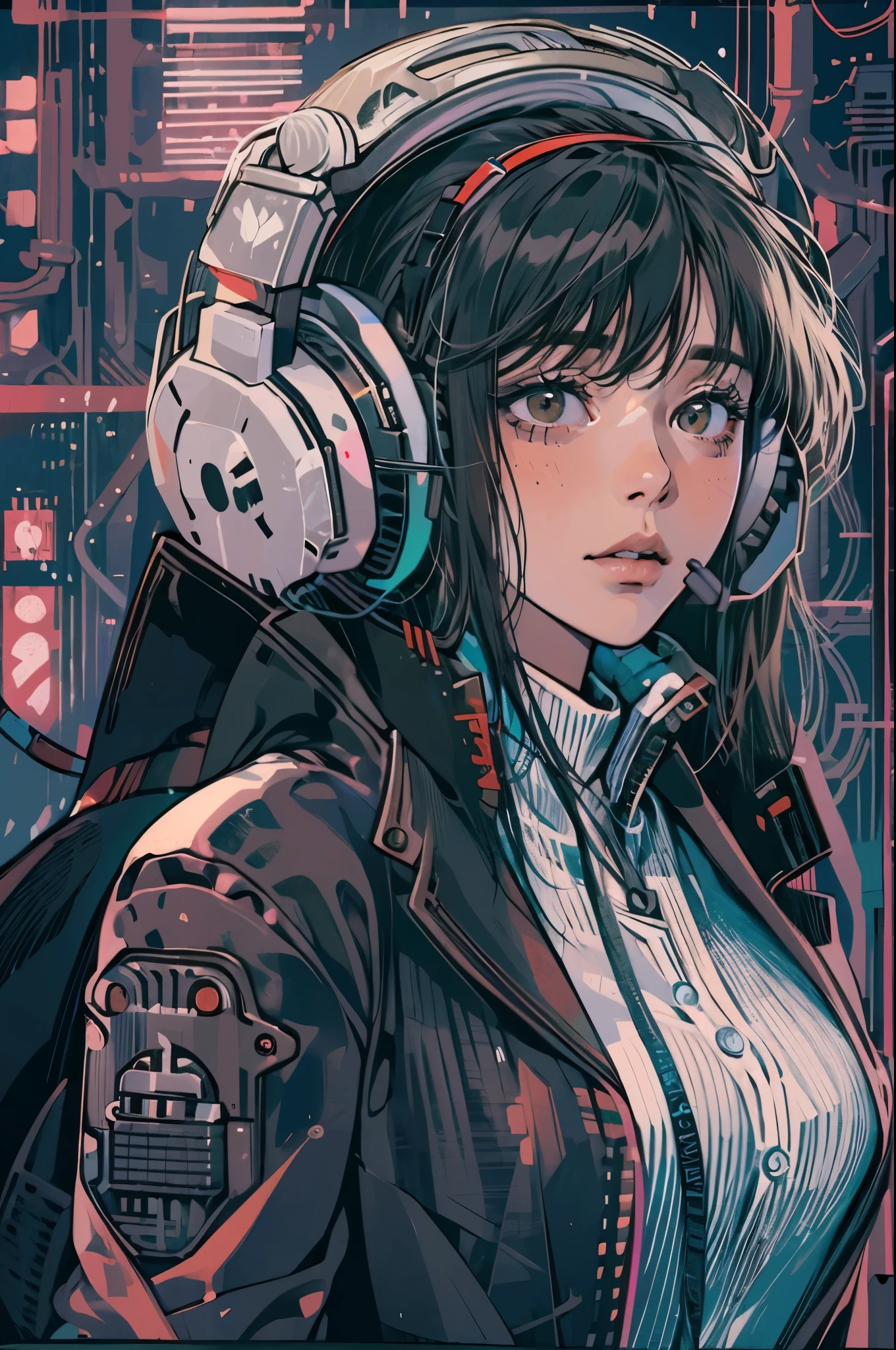 (absurdres, highres, ultra detailed, realistic, ), 1 18 year-old，girl, solo, elegance， long black hair, suits,brown eyes, (headphone)，cyberpunk city background, ultra - detailed, best quality, Detailed diagram, vectorized, 8K,  Graphic design, vector lines, Full-HD，full body