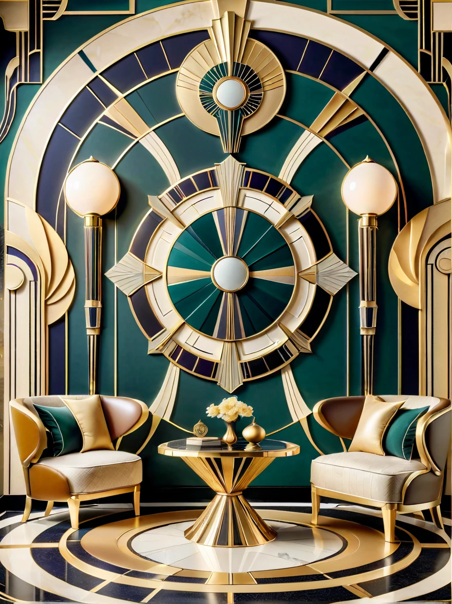 Crea una imagen que capture la esencia del estilo Art Deco。La composición de la imagen debe reflejar las características únicas del arte decorativo.，incluyendo formas geométricas、Líneas fuertes y sensación de elegancia y modernidad.。El punto focal puede ser un mueble.、un adorno o un elemento arquitectónico，Muestra de moda típica de la época.、diseño simétrico。atrevido、Debe ser evidente el uso de colores contrastantes y acentos metálicos.，Reflejando la sensación lujosa y sofisticada del Art Deco。La composición general debe tener un impacto visual.，Destacando la naturaleza única y elegante de este movimiento artístico.。