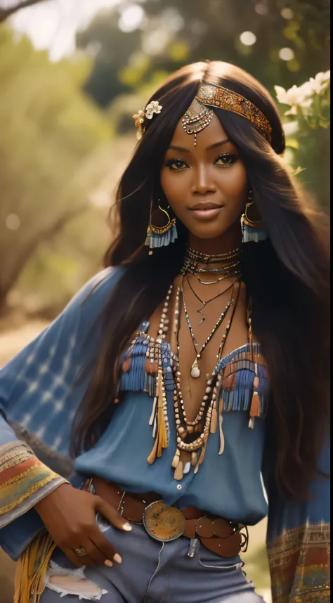 Foto hiperrealista en primer plano de Naomi Campbell, dressed in a tie-dye blue blue blouse paired with bell-bottom jeans and fringe accessories. She wears a headband or flower crown in her long, flowing hair. The setting is a bohemian-inspired outdoor mus...