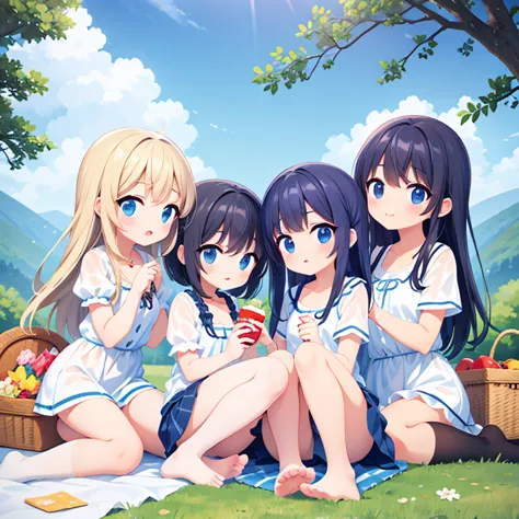 Four cute little girls，having picnic，without wearing shoes，Wear white socks