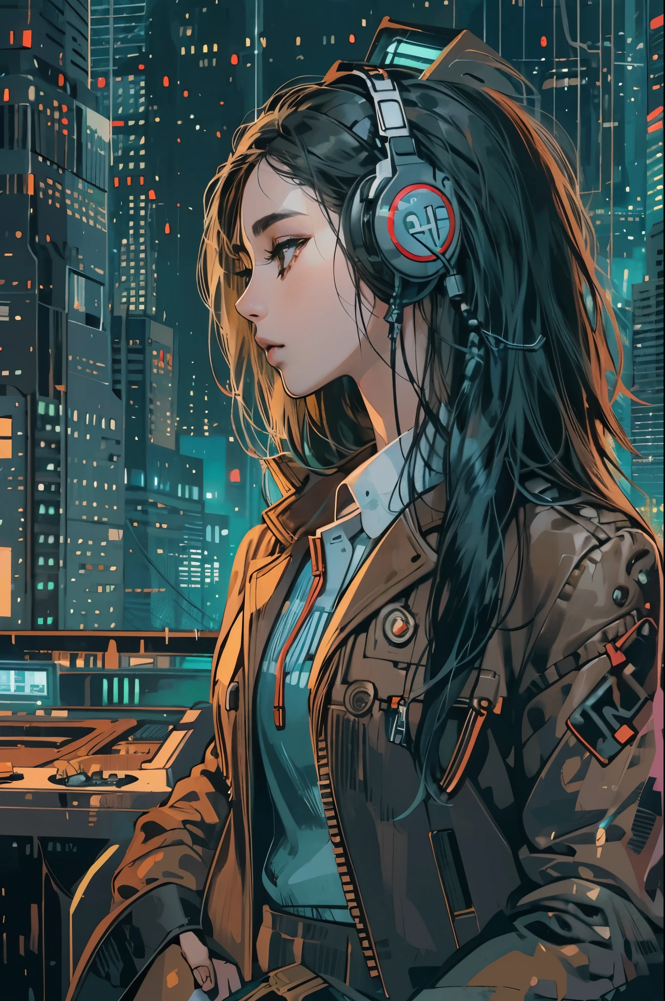 (absurdres, highres, ultra detailed, realistic, ), 1 18 year-old，girl, solo, elegance， long black hair, suits,brown eyes, (headphone)，cyberpunk city background, ultra - detailed, best quality, Detailed diagram, vectorized, 8K,  Graphic design, vector lines, Full-HD，full body