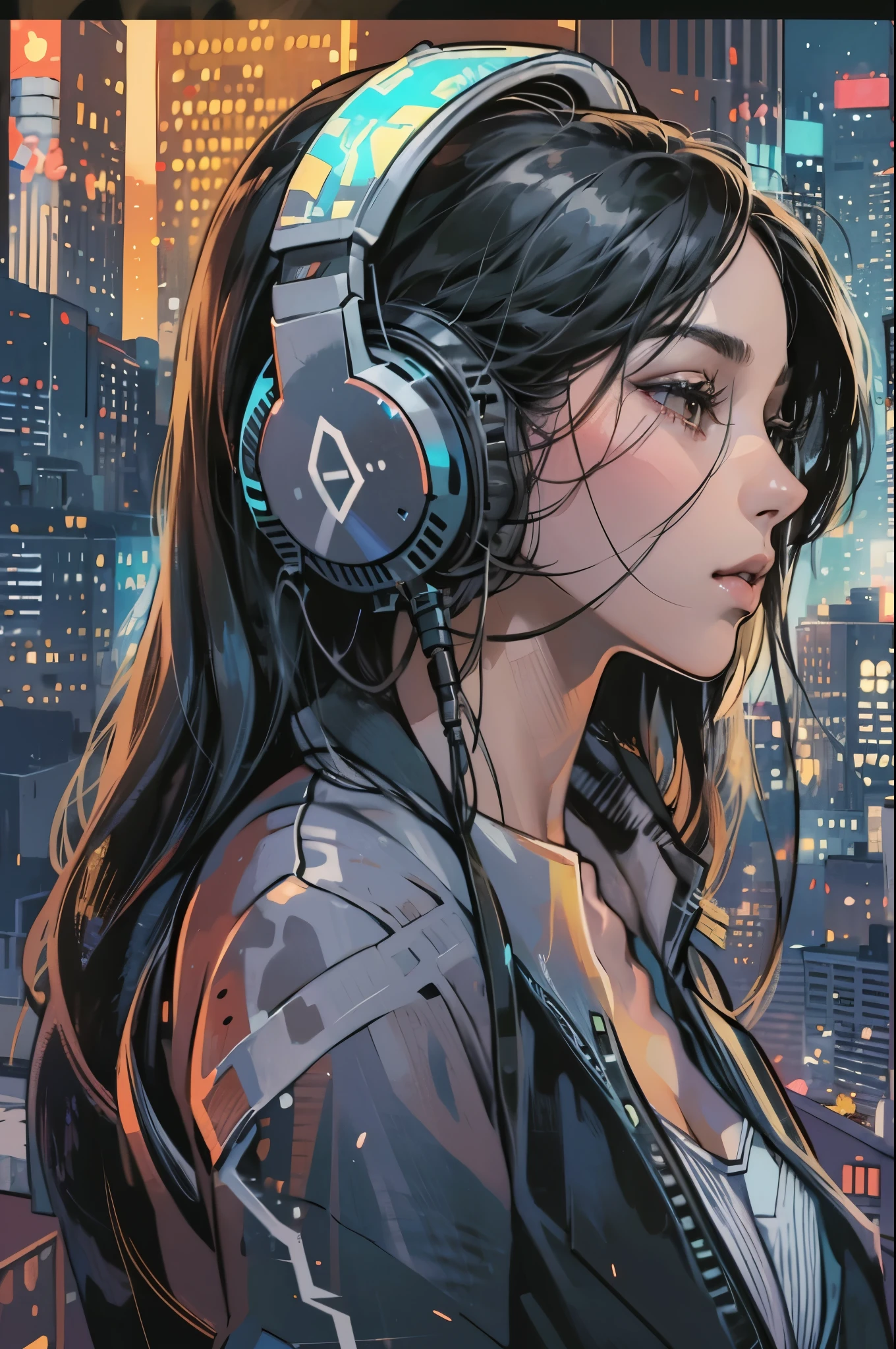 (absurdres, highres, ultra detailed, realistic, ), 1 18 year-old，girl, solo, elegance， long black hair, suits,brown eyes, (headphone)，cyberpunk city background, ultra - detailed, best quality, Detailed diagram, vectorized, 8K,  Graphic design, vector lines, Full-HD，full body