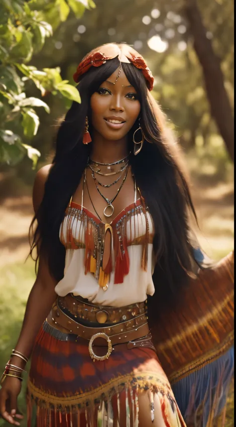 Foto hiperrealista en primer plano de Naomi Campbell, dressed in a tie-dye red blouse paired with red red skirt and fringe accessories. She wears a headband or flower crown in her long, flowing hair. The setting is a bohemian-inspired outdoor music festiva...