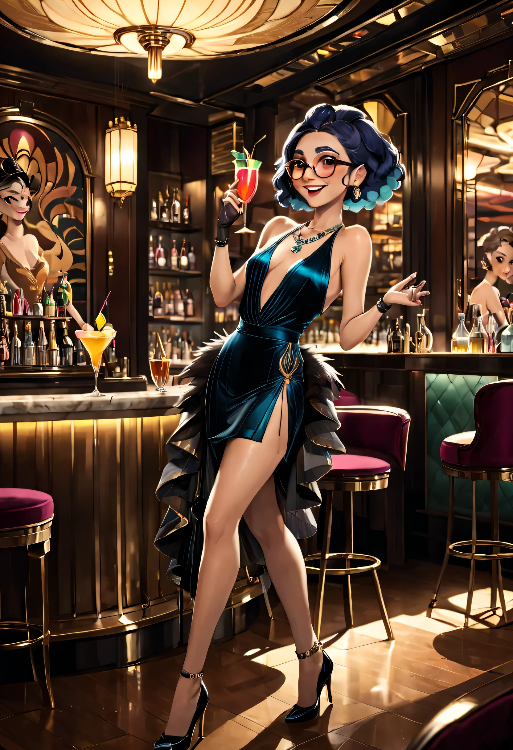 a girl/man with 3 trolls in an art deco bar, luxurious interior design, dimly lit room, vintage furnishings, velvet armchairs, marble bar counter, ornate chandeliers, art deco patterns, elaborate ceiling decorations, extravagant cocktails, jazz music, 1920s atmosphere, smoky ambiance, gold accents, polished wooden floors, extravagant outfits, troll's mischievous expressions, lively conversations, clinking glasses, laughter, vibrant color palette, mysterious atmosphere