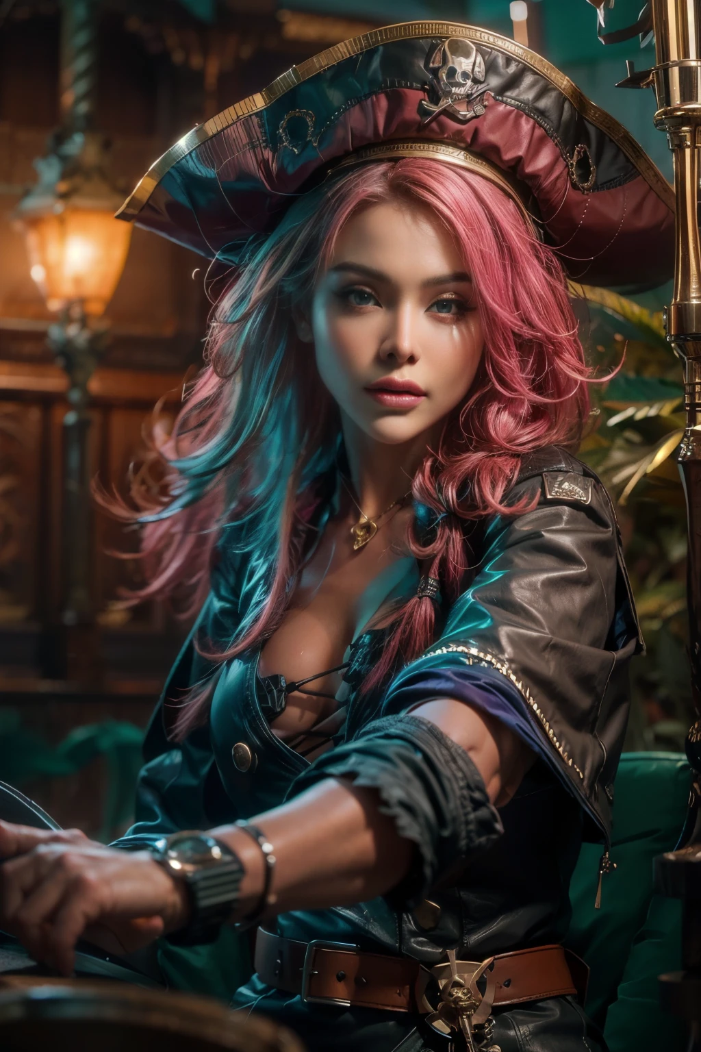 Beautiful Pirate queen on her ship,full body,braided pink hair,leather hat with skull drawing,blue eyes,pirate ships,sea,sunrise with red and purple light,(best quality,4k,8k,highres,masterpiece:1.2),ultra-detailed,(realistic,photorealistic,photo-realistic:1.37),HDR,UHD,studio lighting,ultra-fine painting,sharp focus,physically-based rendering,extreme detail description,professional,vivid colors,bokeh,portraits,photography,concept artists,vibrant,contrasting, cinematic light