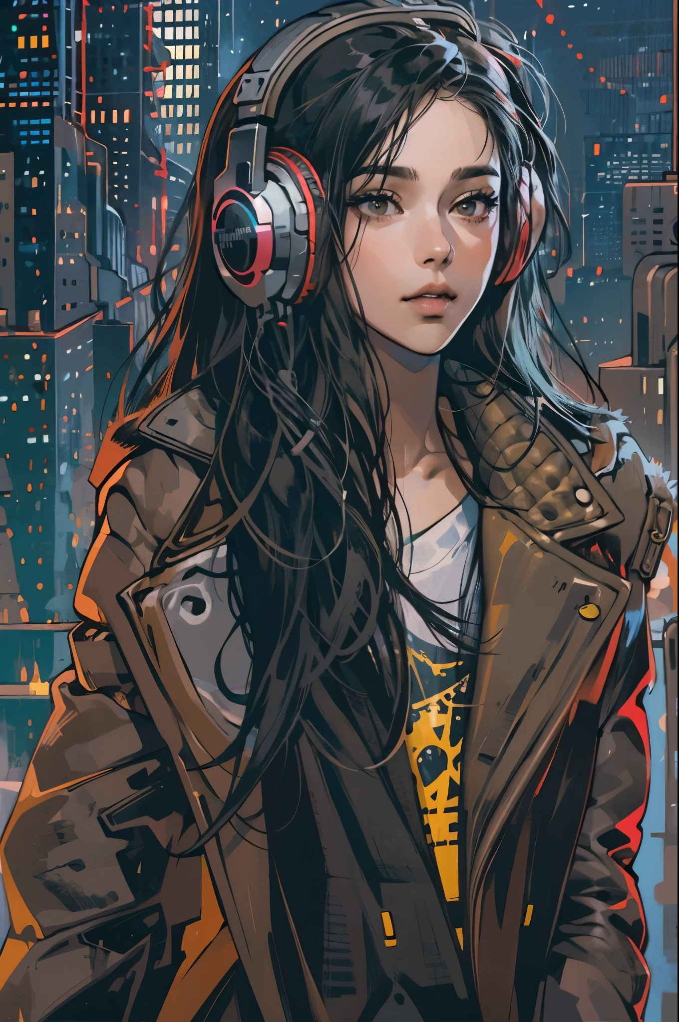 (absurdres, highres, ultra detailed, realistic, ), 1 18 year-old，girl, solo, elegance， long black hair, suits,brown eyes, (headphone)，cyberpunk city background, ultra - detailed, best quality, Detailed diagram, vectorized, 8K,  Graphic design, vector lines, Full-HD，full body