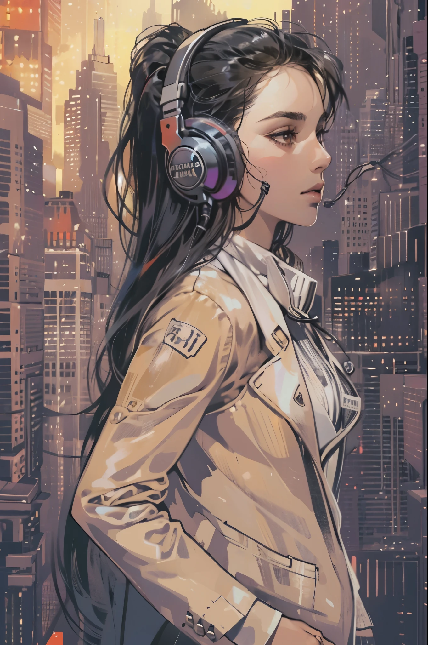 (absurdres, highres, ultra detailed, realistic, ), 1 18 year-old，girl, solo, elegance， long black hair, suits,brown eyes, (headphone)，cyberpunk city background, ultra - detailed, best quality, Detailed diagram, vectorized, 8K,  Graphic design, vector lines, Full-HD，full body