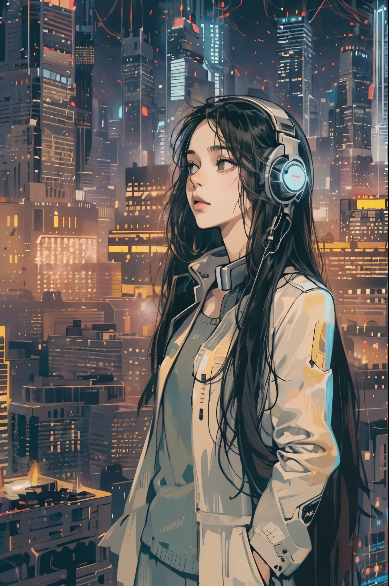 (absurdres, highres, ultra detailed, realistic, ), 1 18 year-old，girl, solo, elegance， long black hair, suits,brown eyes, (headphone)，cyberpunk city background, ultra - detailed, best quality, Detailed diagram, vectorized, 8K,  Graphic design, vector lines, Full-HD，full body