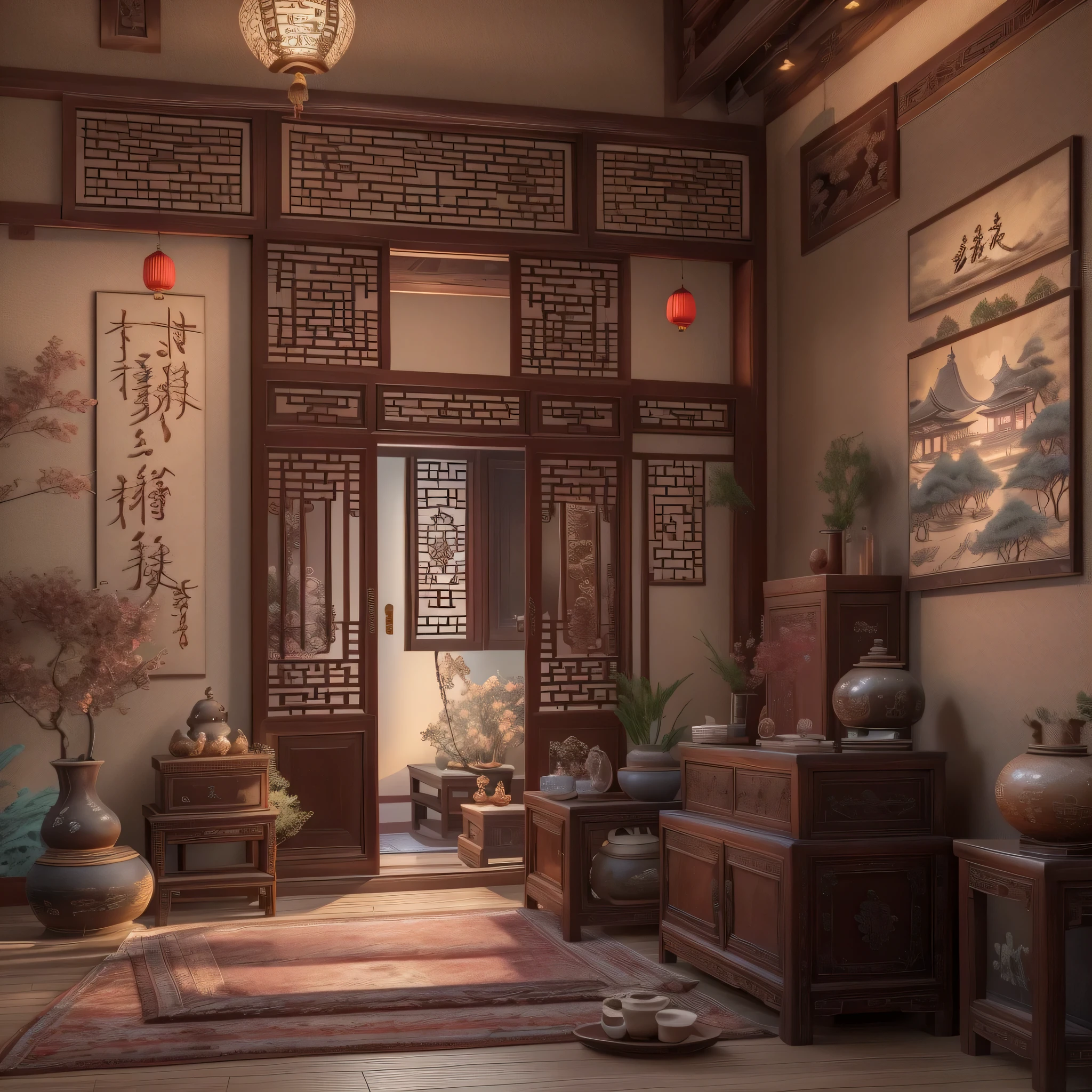 A traditional Chinese bedroom with antique wooden furniture, delicate carvings, and soft lighting, featuring ancient-style doors and elegant window coverings, ornate zither quietly placed in the corner, ink paintings hanging on the wall, exquisite jade carvings by the window, fragrant aroma diffusing throughout the room, displaying elegant calligraphy and antique artifacts, exuding a rich cultural atmosphere. (best quality,4k,8k,highres,masterpiece:1.2),ultra-detailed,(realistic,photorealistic,photo-realistic:1.37),traditional Chinese landscape,antique artistry,subtle and warm color palette,soft and natural lighting.