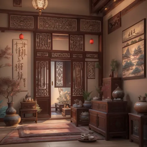 A traditional Chinese bedroom with antique wooden furniture, delicate carvings, and soft lighting, featuring ancient-style doors...