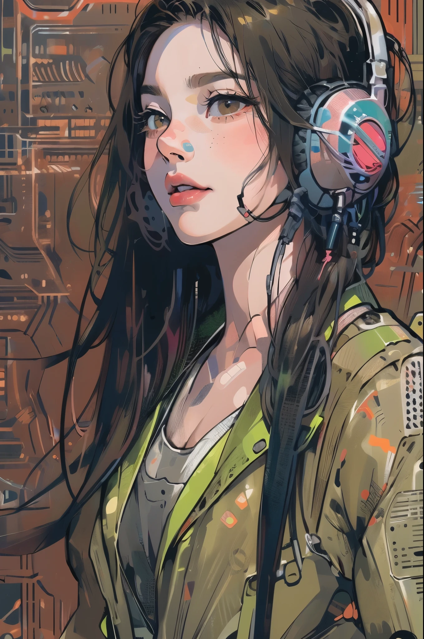 (absurdres, highres, ultra detailed, realistic, ), 1 18 year-old，girl, solo, elegance， long black hair, suits,brown eyes, (headphone)，cyberpunk city background, ultra - detailed, best quality, Detailed diagram, vectorized, 8K,  Graphic design, vector lines, Full-HD，full body