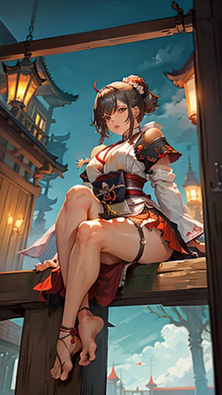 a female samurai wearing short skirts, view from below her skirt showing her panties!